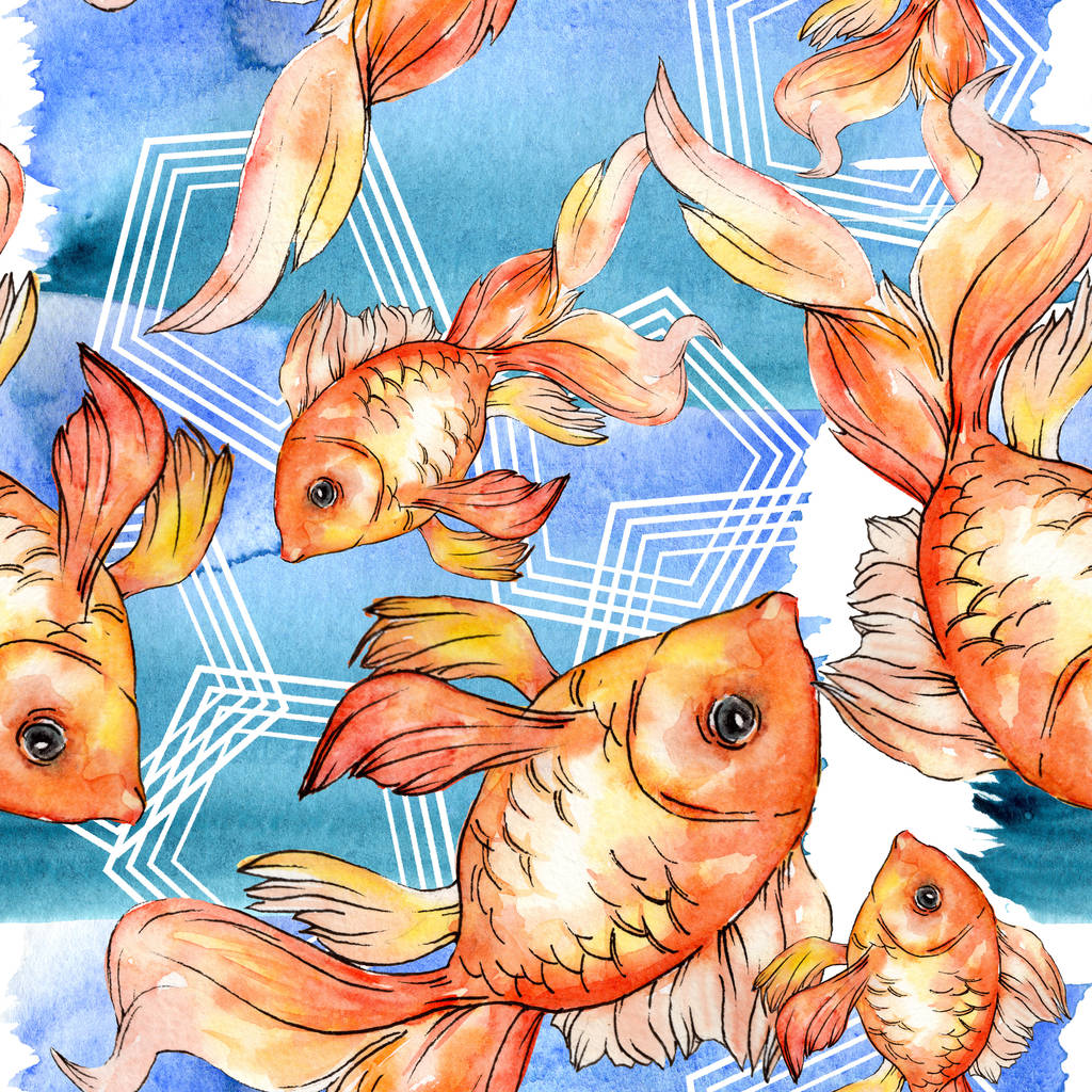 カラフルな抽象的なイラストに水彩水生カラフルな金魚 シームレスな背景パターン 壁紙印刷手触りの生地 ロイヤリティフリー写真 画像素材