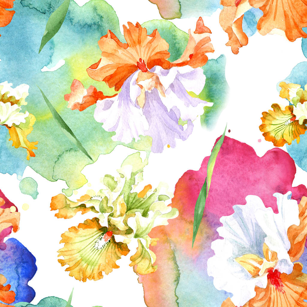 オレンジ白いアイリスの花植物花 野生春葉が分離されました 水彩イラスト セット 水彩描画ファッション Aquarelle シームレスな背景パターン 壁紙印刷手触りの生地 ロイヤリティフリー写真 画像素材