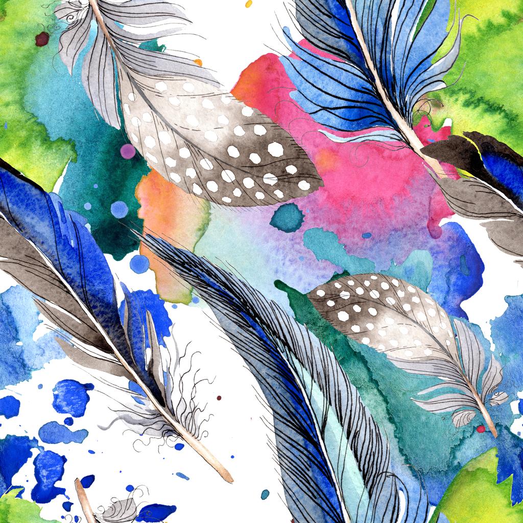 翼から水彩画の青と黒の鳥の羽だった 背景 テクスチャ ラッパー パターン Aquarelle 羽 水彩ファッション シームレスな背景パターンを描画します 壁紙印刷手触りの生地 ロイヤリティフリー写真 画像素材