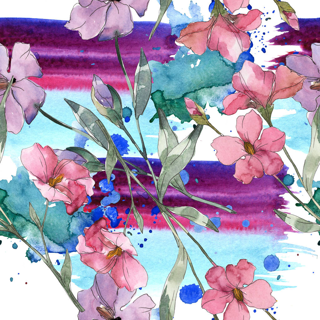 ピンクと紫の亜麻の植物花 野生春葉が分離されました 水彩イラスト セット 水彩描画ファッション Aquarelle シームレスな背景パターン 壁紙印刷手触りの生地 ロイヤリティフリー写真 画像素材