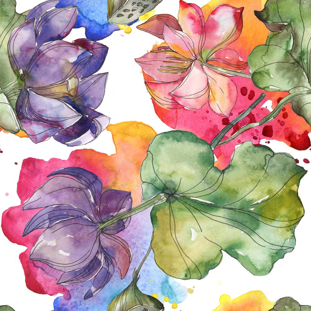 ピンクと紫の蓮の植物花 野生春葉が分離されました 水彩イラスト セット 水彩描画ファッション Aquarelle シームレスな背景パターン 壁紙印刷手触りの生地 ロイヤリティフリー写真 画像素材