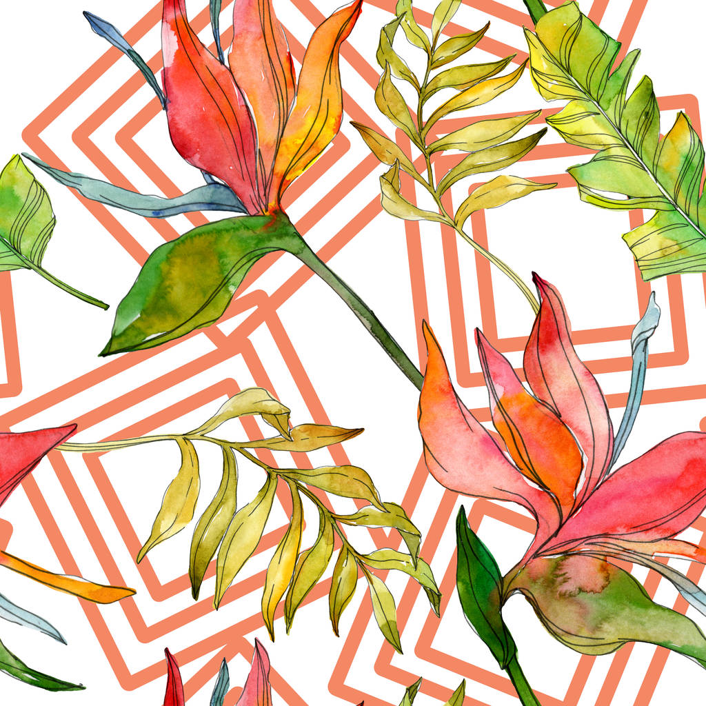 熱帯の花植物の花 エキゾチックな植物の葉が分離されました 水彩イラスト セット 水彩描画ファッション Aquarelle シームレスな背景パターン 壁紙印刷手触りの生地 ロイヤリティフリー写真 画像素材