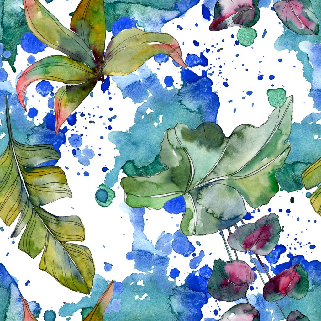 緑の葉の植物の植物 エキゾチックな熱帯のハワイアンの夏 水彩イラスト セット 水彩描画のファッション Aquarelle 分離します シームレスな背景パターン 壁紙印刷手触りの生地 ロイヤリティフリー写真 画像素材
