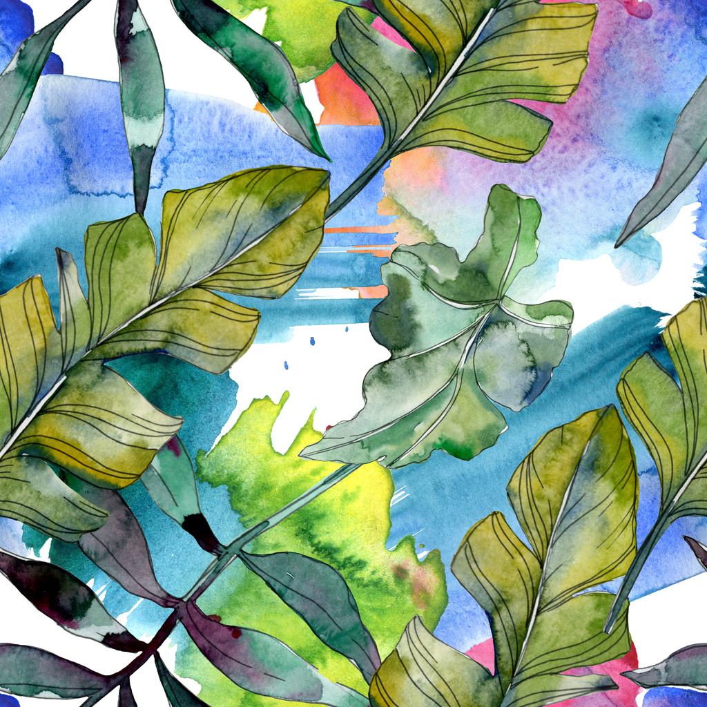 緑の葉の植物の植物 エキゾチックな熱帯のハワイアンの夏 水彩イラスト セット 水彩描画のファッション Aquarelle 分離します シームレスな背景パターン 壁紙印刷手触りの生地 ロイヤリティフリー写真 画像素材