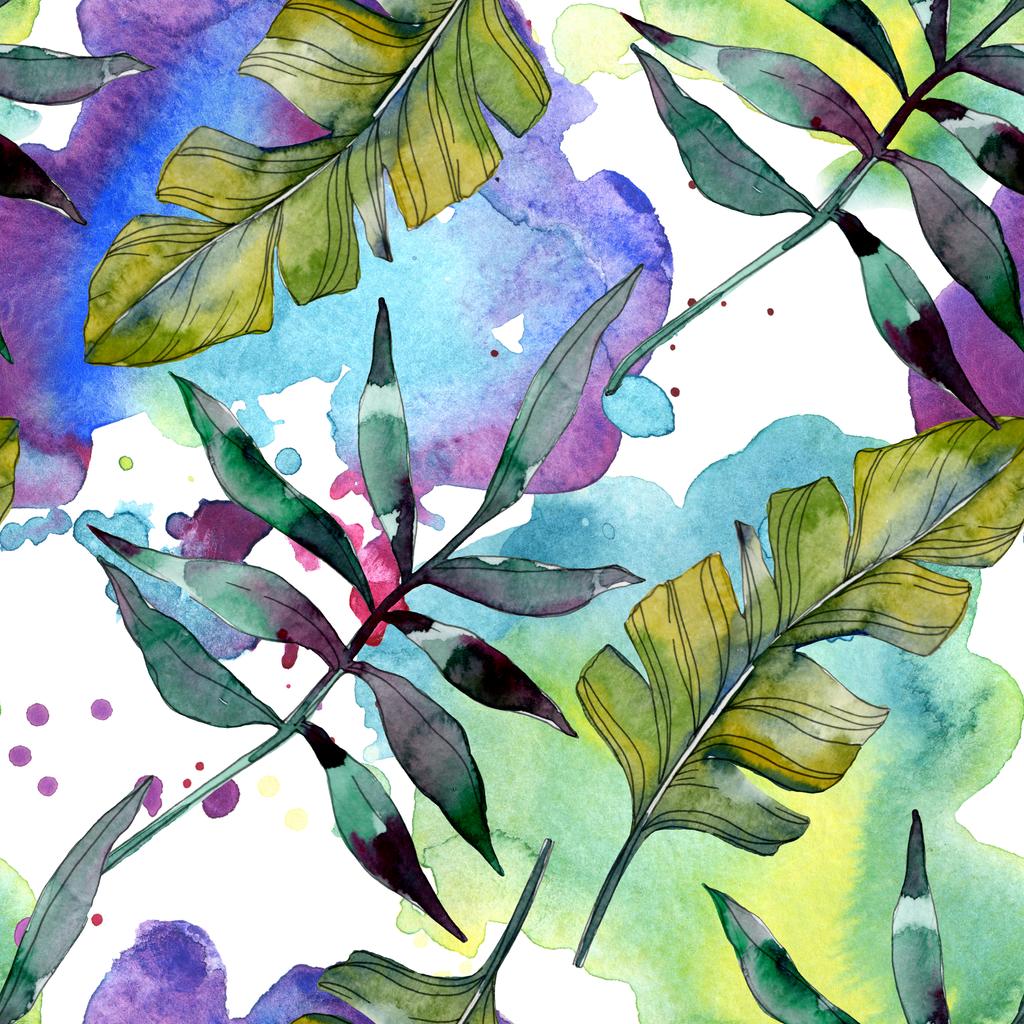 緑の葉の植物の植物 エキゾチックな熱帯のハワイアンの夏 水彩イラスト セット 水彩描画のファッション Aquarelle 分離します シームレスな背景 パターン 壁紙印刷手触りの生地 ロイヤリティフリー写真 画像素材