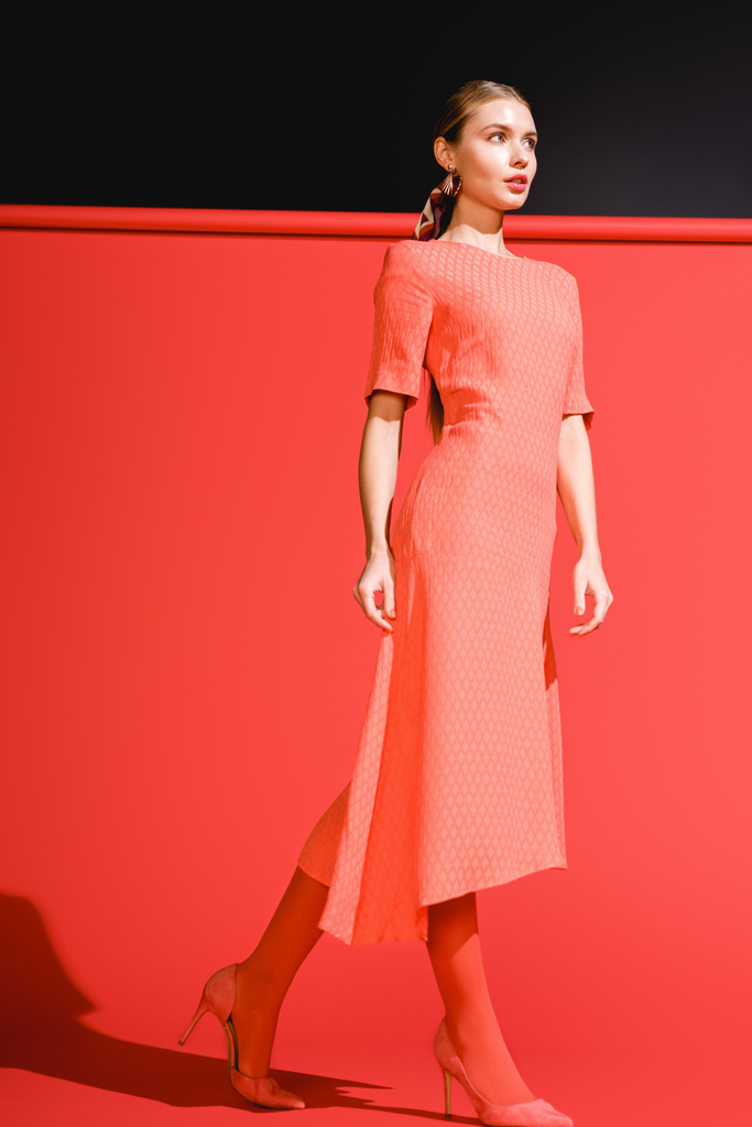 生きているサンゴのポーズの女の子のファッション撮影赤の背景にドレス ロイヤリティフリー写真 画像素材