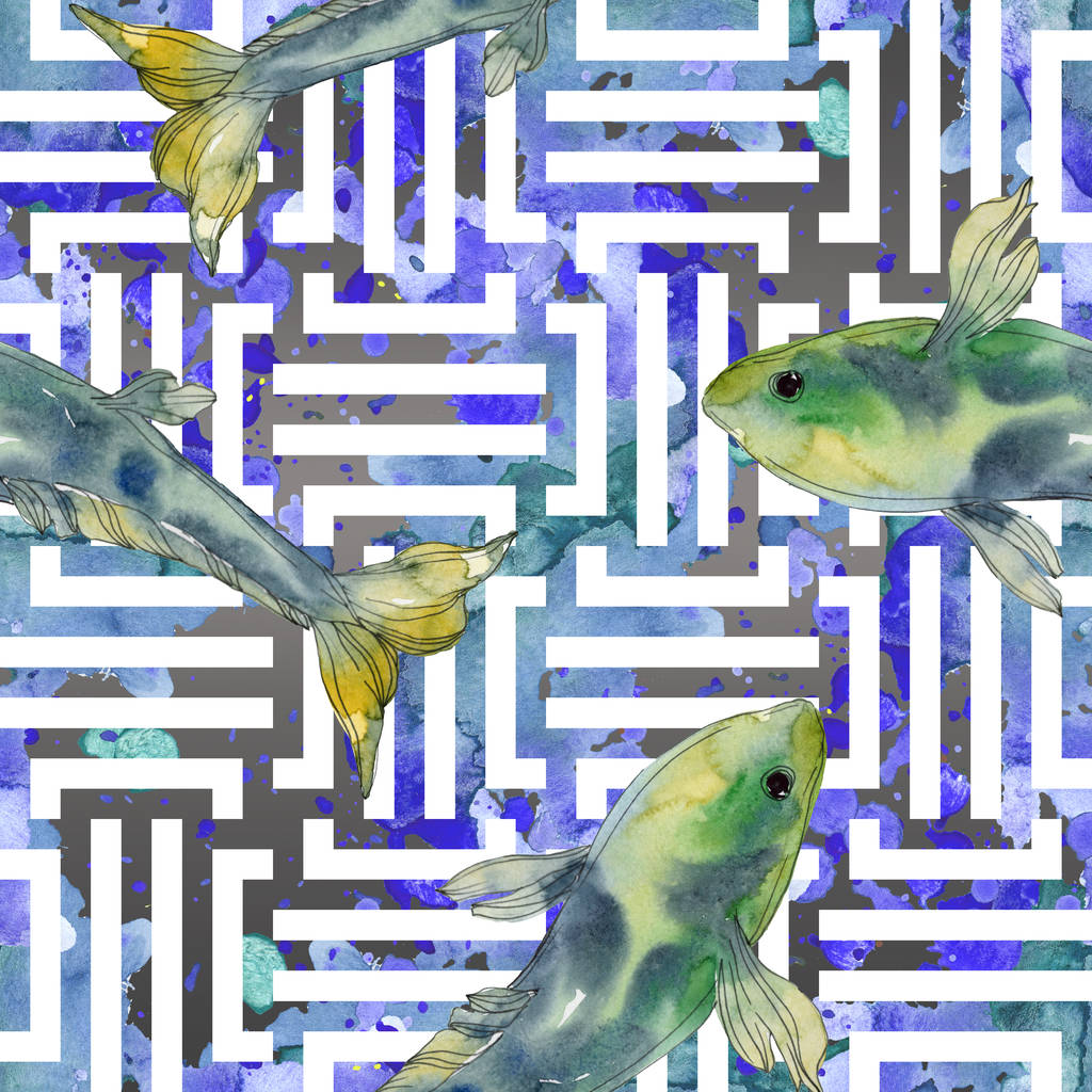 斑点を付けられた水生水中のカラフルな魚を設定します 紅海と内部のエキゾチックな魚 水彩イラスト セット 水彩描画ファッション Aquarelle シームレスな背景パターン 生地の壁紙印刷 ロイヤリティフリー写真 画像素材
