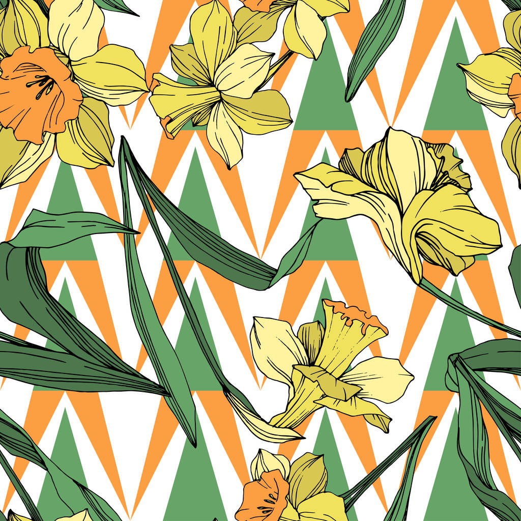 Vector Yellow Narcissus floral botanical flower. Wild spring leaf wildflower isolated. Engraved ink art. Seamless background pattern. Fabric wallpaper print texture.