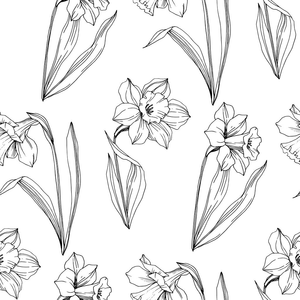 Vector Narcissus floral botanical flower. Wild spring leaf wildflower isolated. Black and white engraved ink art. Seamless background pattern. Fabric wallpaper print texture.