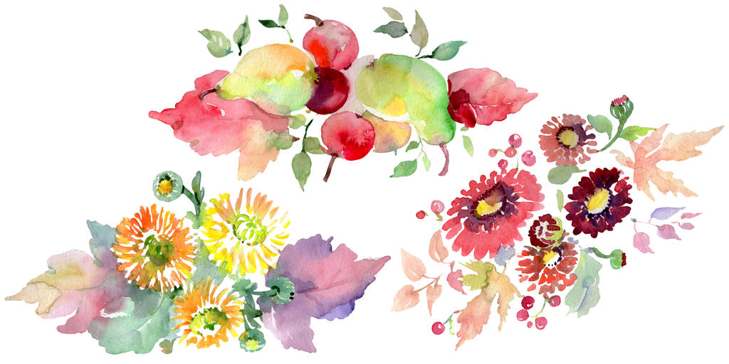 花と果物を持つ花束 水彩画背景イラスト セット ロイヤリティフリー写真 画像素材