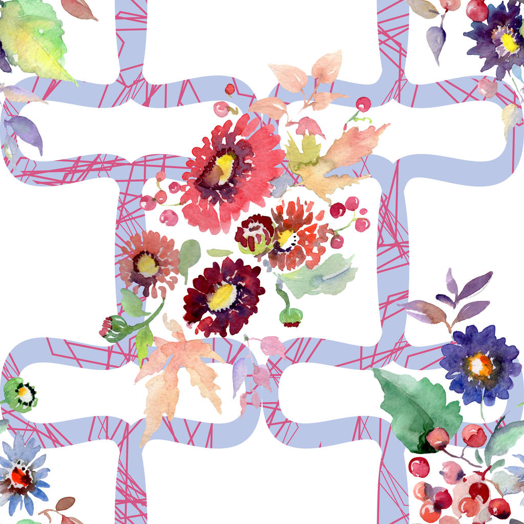 花と果物を持つ花束 水彩イラスト セット シームレスな背景パターン ロイヤリティフリー写真 画像素材