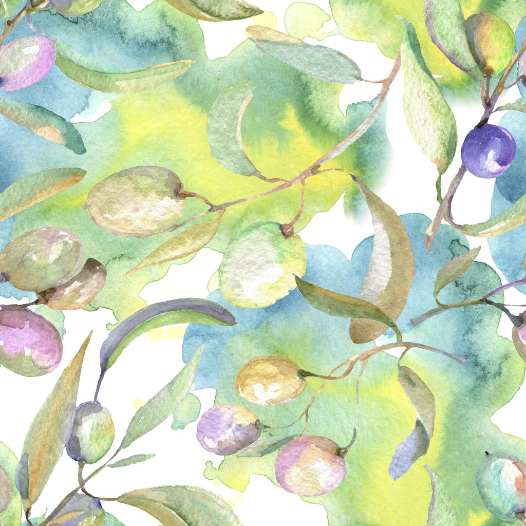 緑の果実と葉とオリーブの枝 水彩背景イラストセット シームレスな背景パターン ロイヤリティフリー写真 画像素材