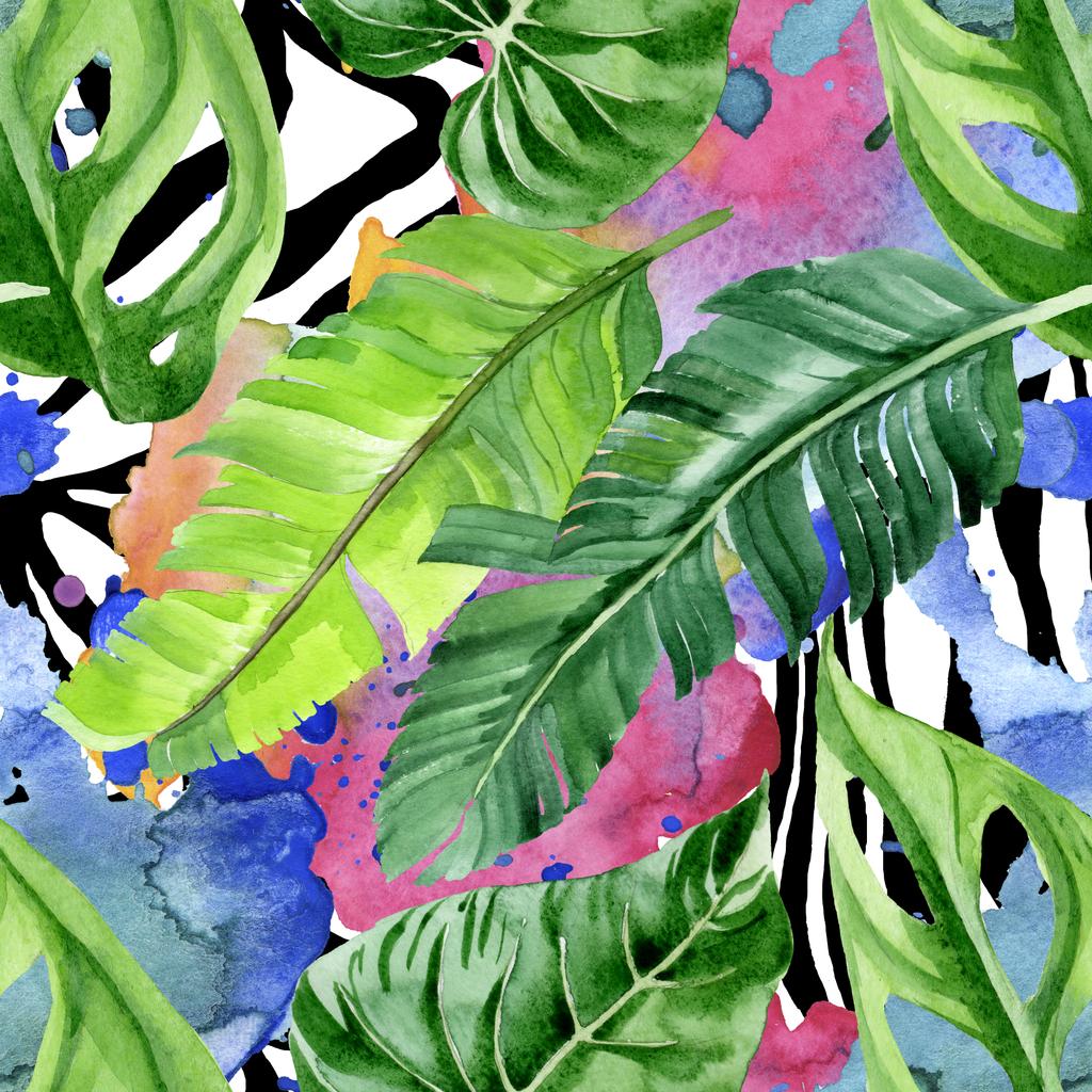 エキゾチックな熱帯ハワイアンヤシの木の葉 水彩背景イラストセット シームレスな背景パターン ロイヤリティフリー写真 画像素材