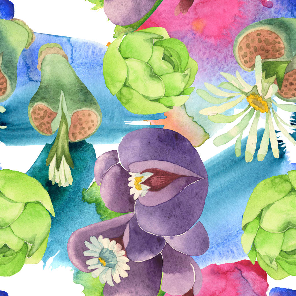ジューシーな花の植物の花 野生の春の葉の野生の花 水彩イラストセット 水彩画ファッションアクアレル シームレスな背景パターン ファブリック壁紙プリントテクスチャ ロイヤリティフリー写真 画像素材