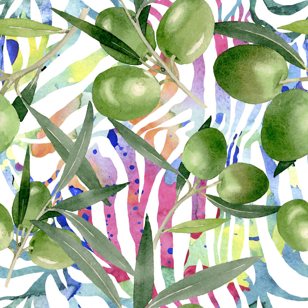 黒と緑の果実とオリーブの枝 水彩画背景イラストセット 水彩画描画ファッション Aquarelle 孤立 シームレスな背景パターン ファブリック壁紙プリントテクスチャ ロイヤリティフリー写真 画像素材