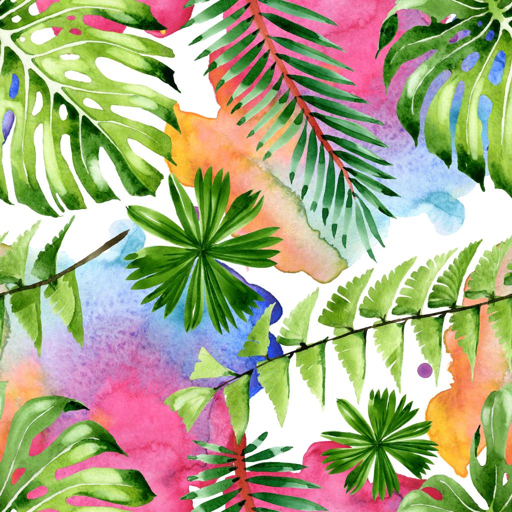 エキゾチックな熱帯ハワイの夏 パームビーチの木の葉 水彩イラストセット 水彩画ファッションアクアレル シームレスな背景パターン ファブリック壁紙プリントテクスチャ ロイヤリティフリー写真 画像素材