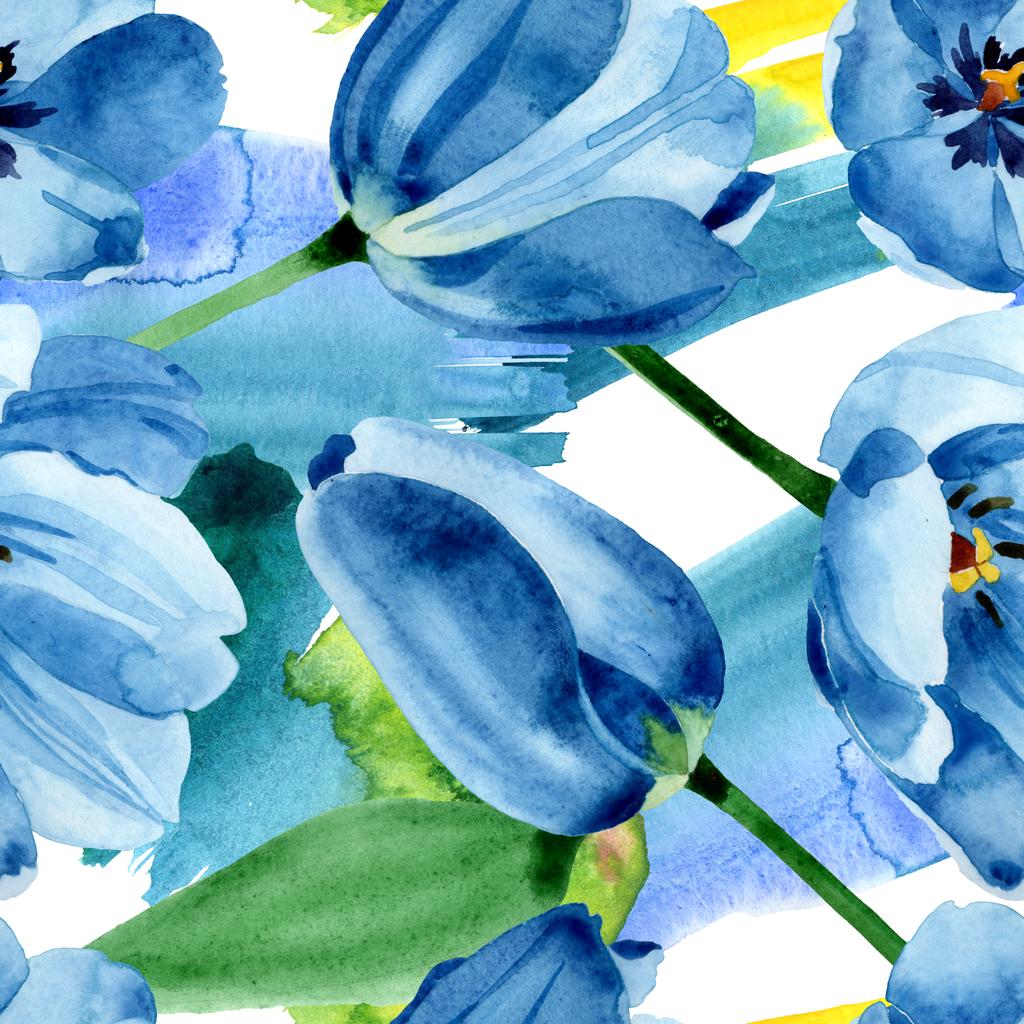 青いチューリップの花の植物の花 野生の春の葉の野生の花 水彩イラストセット 水彩画ファッションアクアレル シームレスな背景パターン ファブリック壁紙プリントテクスチャ ロイヤリティフリー写真 画像素材