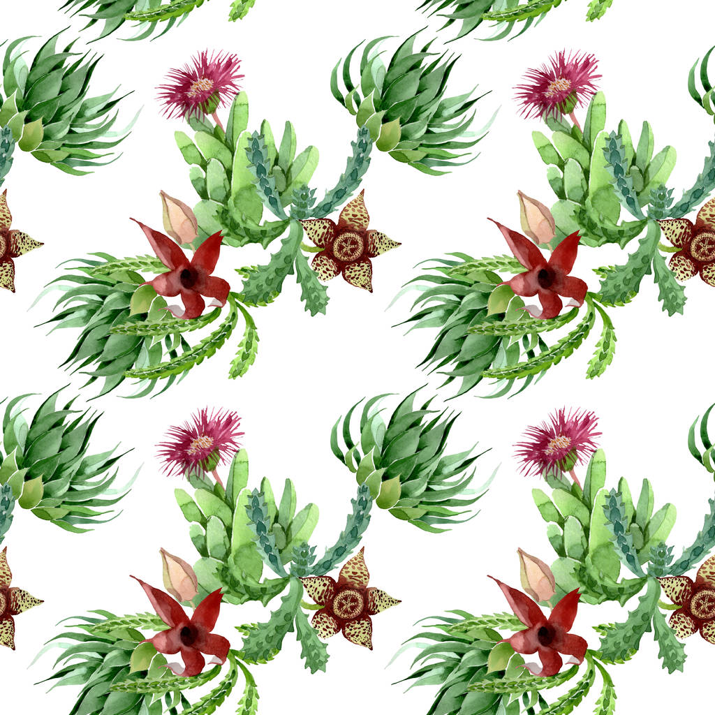 緑のサボテンの花の植物の花 野生の春の葉の野生の花 水彩イラストセット 水彩画ファッションアクアレル シームレスな背景パターン ファブリック壁紙プリントテクスチャ ロイヤリティフリー写真 画像素材