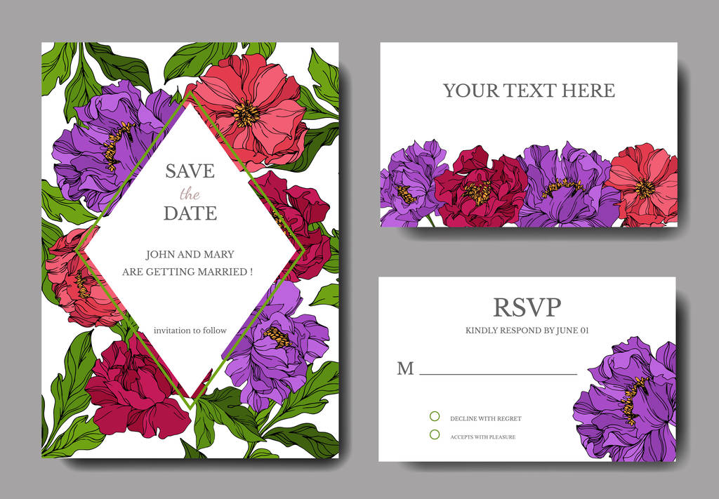 ピオニーの花の植物の花 インクアートを彫刻 結婚式の背景カード花の装飾的な境界線 ありがとう Rsvp 招待エレガントなカードイラスト グラフィックセットバナー ロイヤリティフリーのベクターグラフィック画像