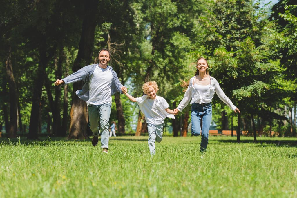 日中は手をつないで公園で走る興奮した家族 ロイヤリティフリー写真 画像素材