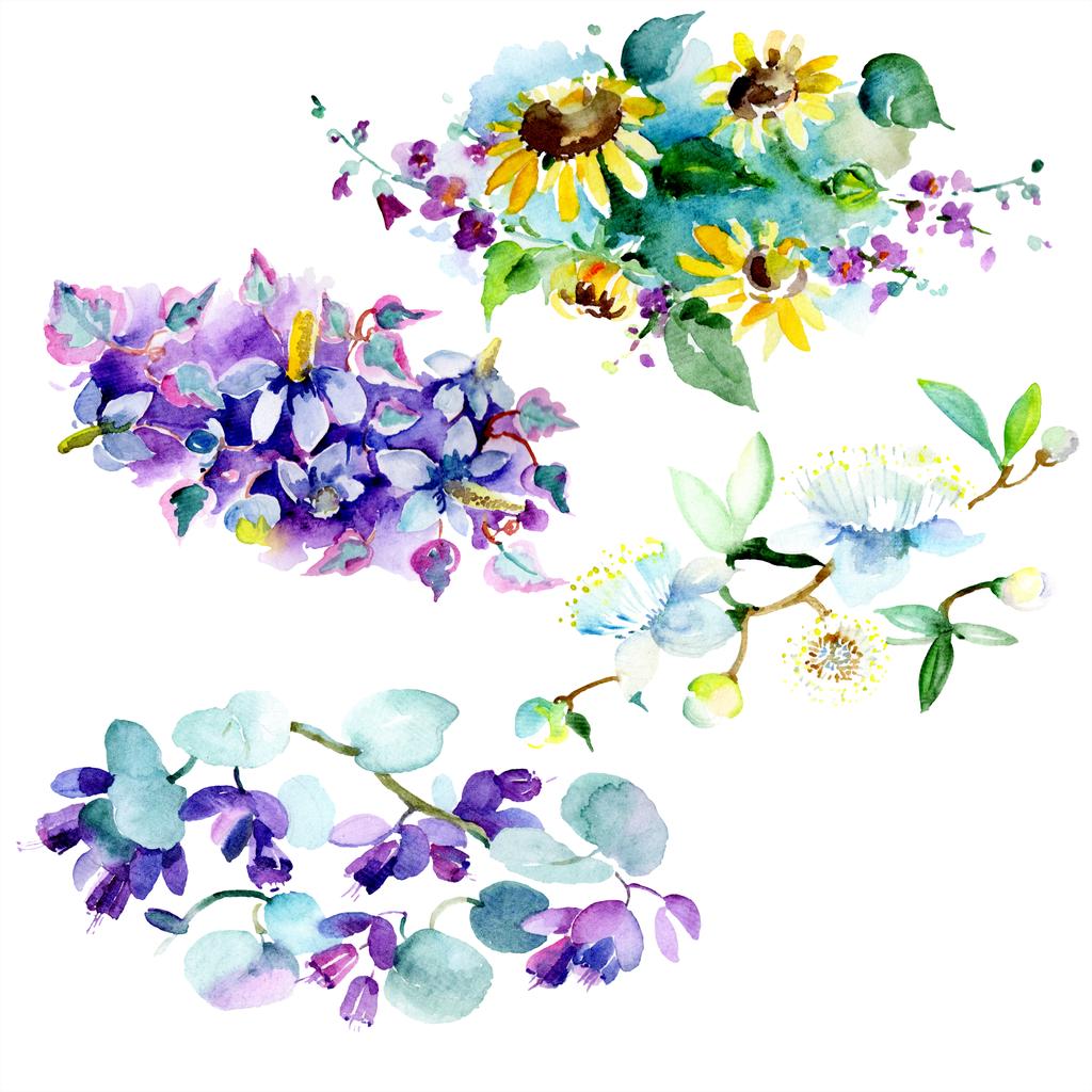 ブーケ花植物の花 野生春葉のワイルドフラワーが分離されました 水彩画背景イラスト セット 水彩描画のファッション Aquarelle 分離します 孤立した花束の図要素 ロイヤリティフリー写真 画像素材