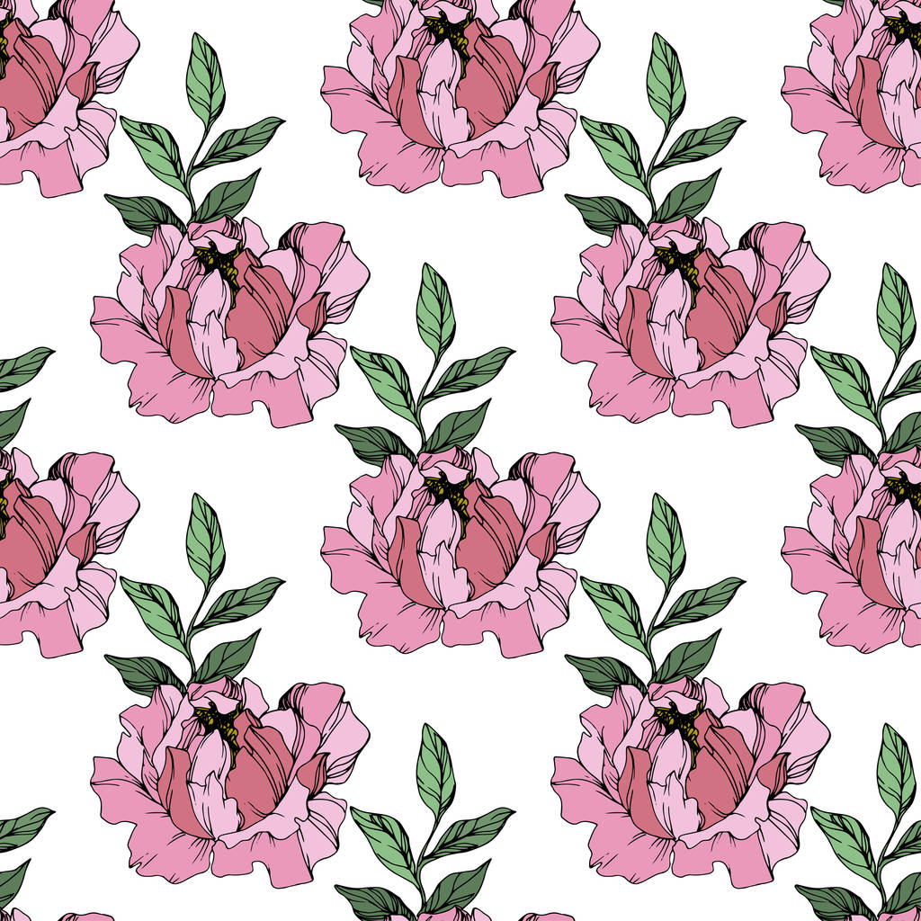 Vector Pink peony. Floral botanical flower. Wild spring leaf wildflower isolated. Engraved ink art. Seamless background pattern. Fabric wallpaper print texture.