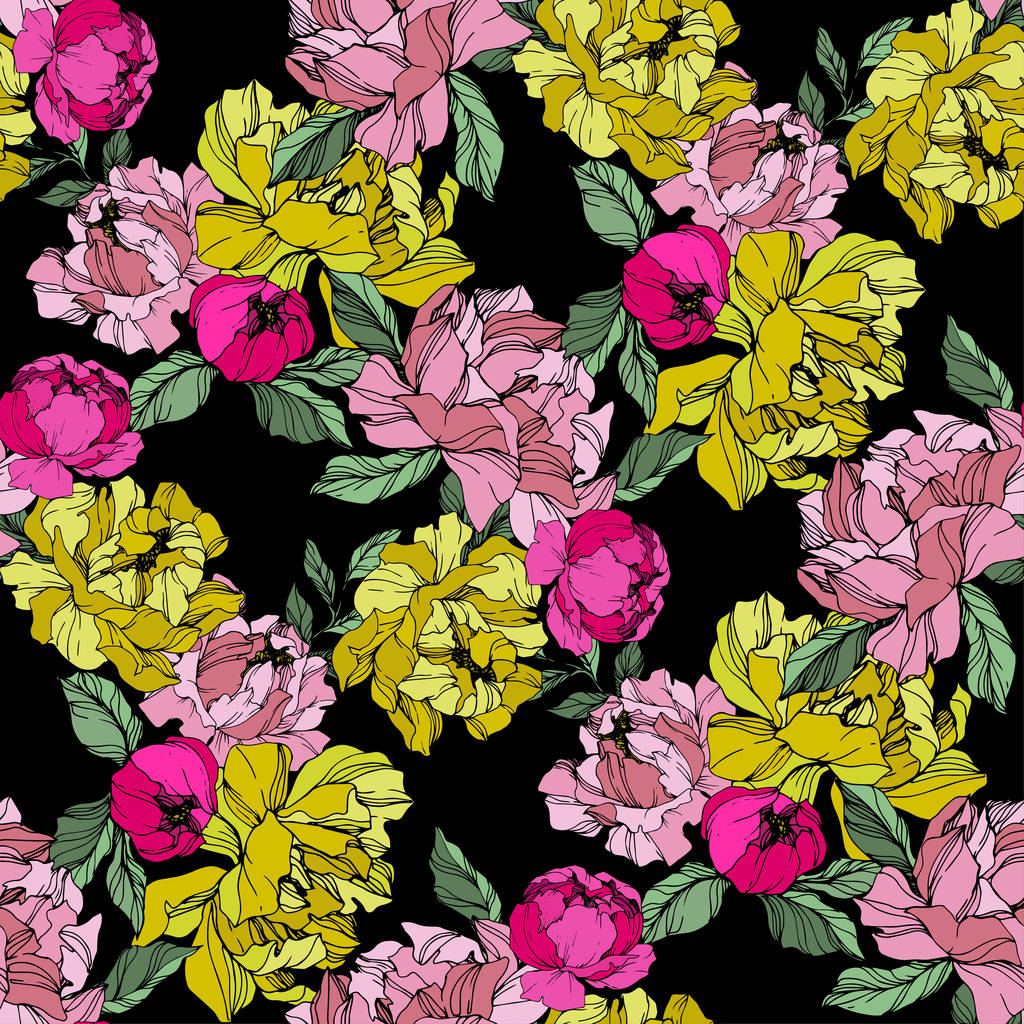 Vector Pink and yellow peony. Floral botanical flower. Wild spring leaf wildflower isolated. Engraved ink art. Seamless background pattern. Fabric wallpaper print texture.