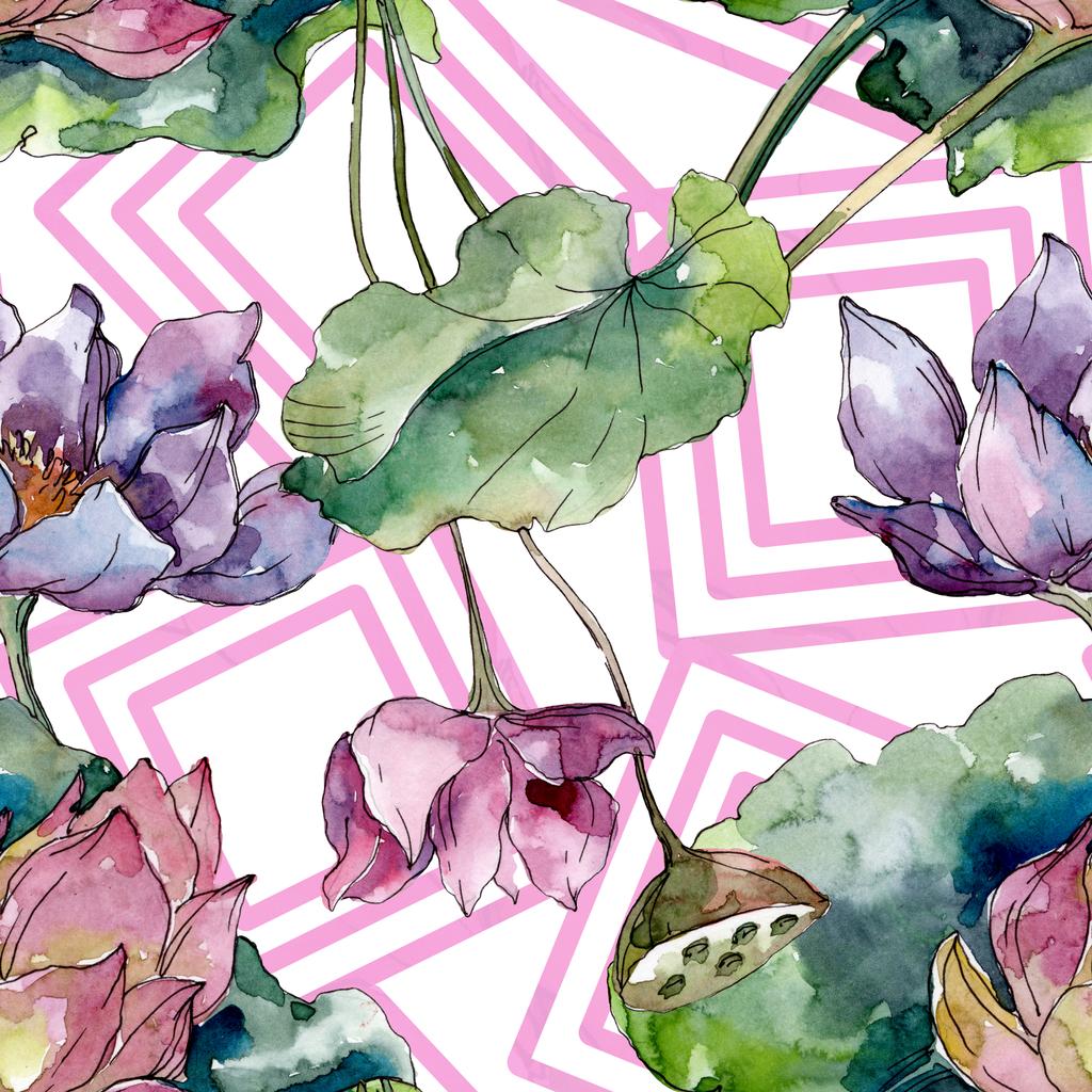 蓮の花の植物の花 野生の春の葉の野生の花 水彩イラストセット 水彩画ファッションアクアレル シームレスな背景パターン ファブリック壁紙プリント テクスチャ ロイヤリティフリー写真 画像素材