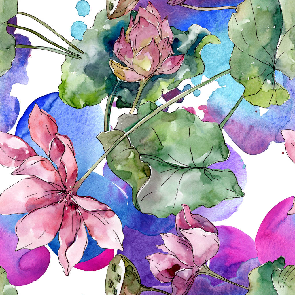 蓮の花の植物の花 野生の春の葉の野生の花 水彩イラストセット 水彩画ファッションアクアレル シームレスな背景パターン ファブリック壁紙プリント テクスチャ ロイヤリティフリー写真 画像素材