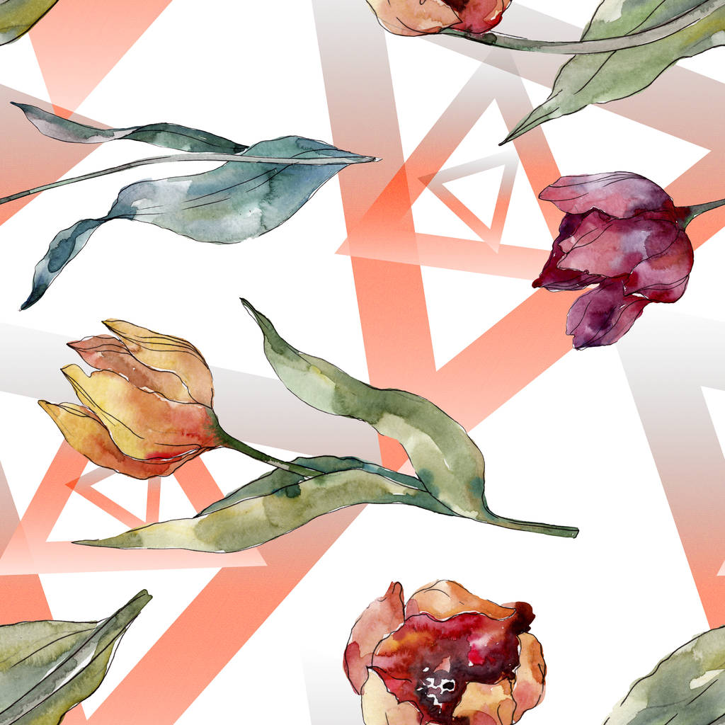 赤いチューリップの花の植物の花 野生の春の葉の野生の花 水彩イラストセット 水彩画 ファッションアクアレル シームレスな背景パターン ファブリック壁紙プリントテクスチャ ロイヤリティフリー写真 画像素材