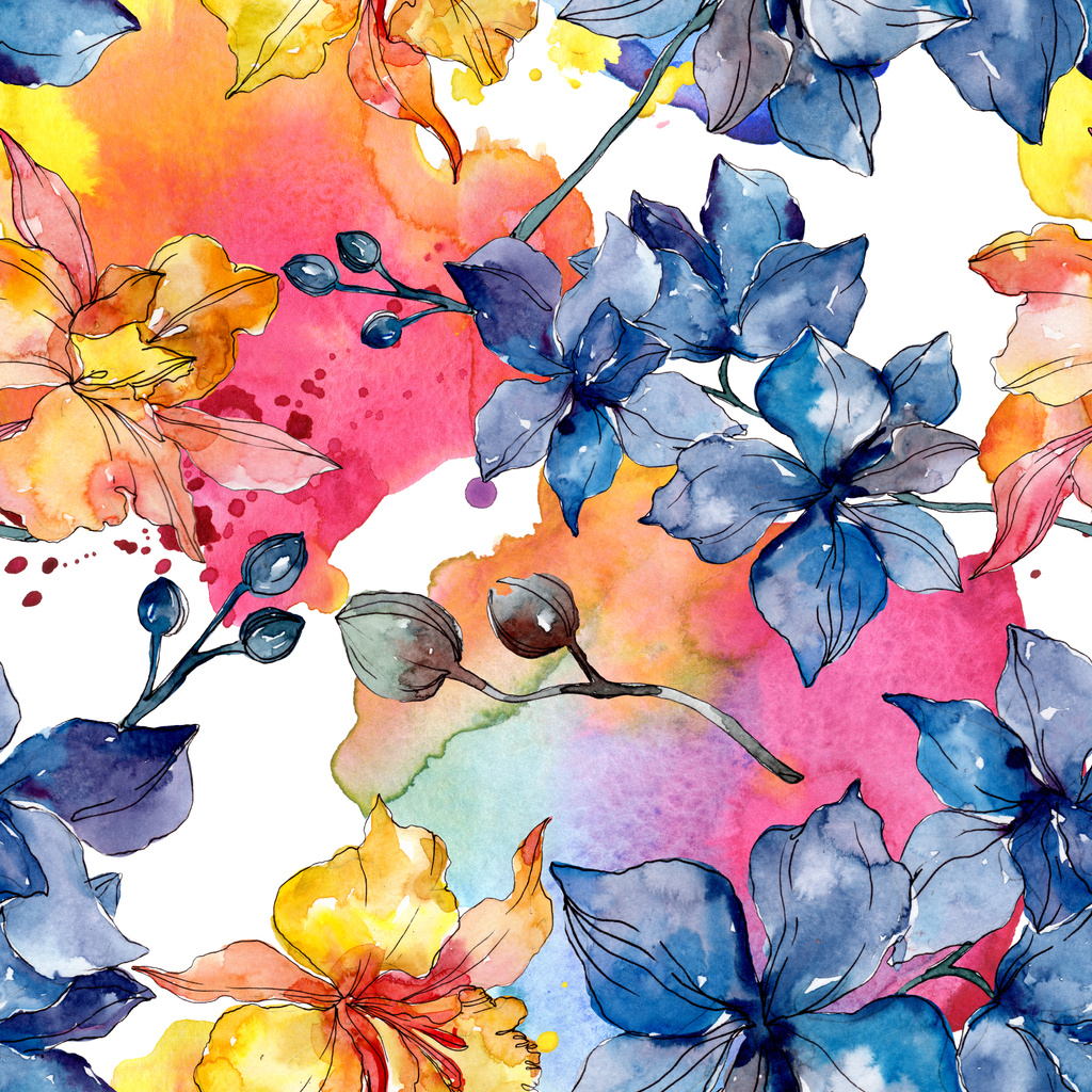 蘭の花の植物の花 野生の春の葉の野生の花 水彩イラストセット 水彩画ファッションアクアレル シームレスな背景パターン ファブリック壁紙プリント テクスチャ ロイヤリティフリー写真 画像素材