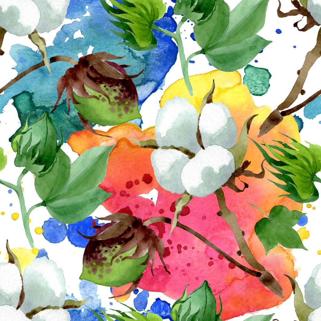 白い綿の花の植物の花 野生の春の葉の野生の花 水彩イラストセット 水彩画ファッションアクアレル シームレスな背景パターン ファブリック壁紙プリントテクスチャ ロイヤリティフリー写真 画像素材