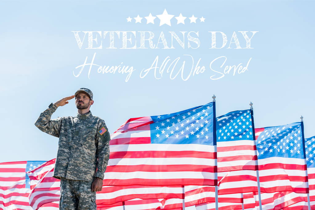 軍服を着た愛国的な兵士は 退役軍人の日と星条旗でアメリカの旗の近くに敬礼を与え イラストを務めたすべての人に敬意を表します ロイヤリティフリー写真 画像素材