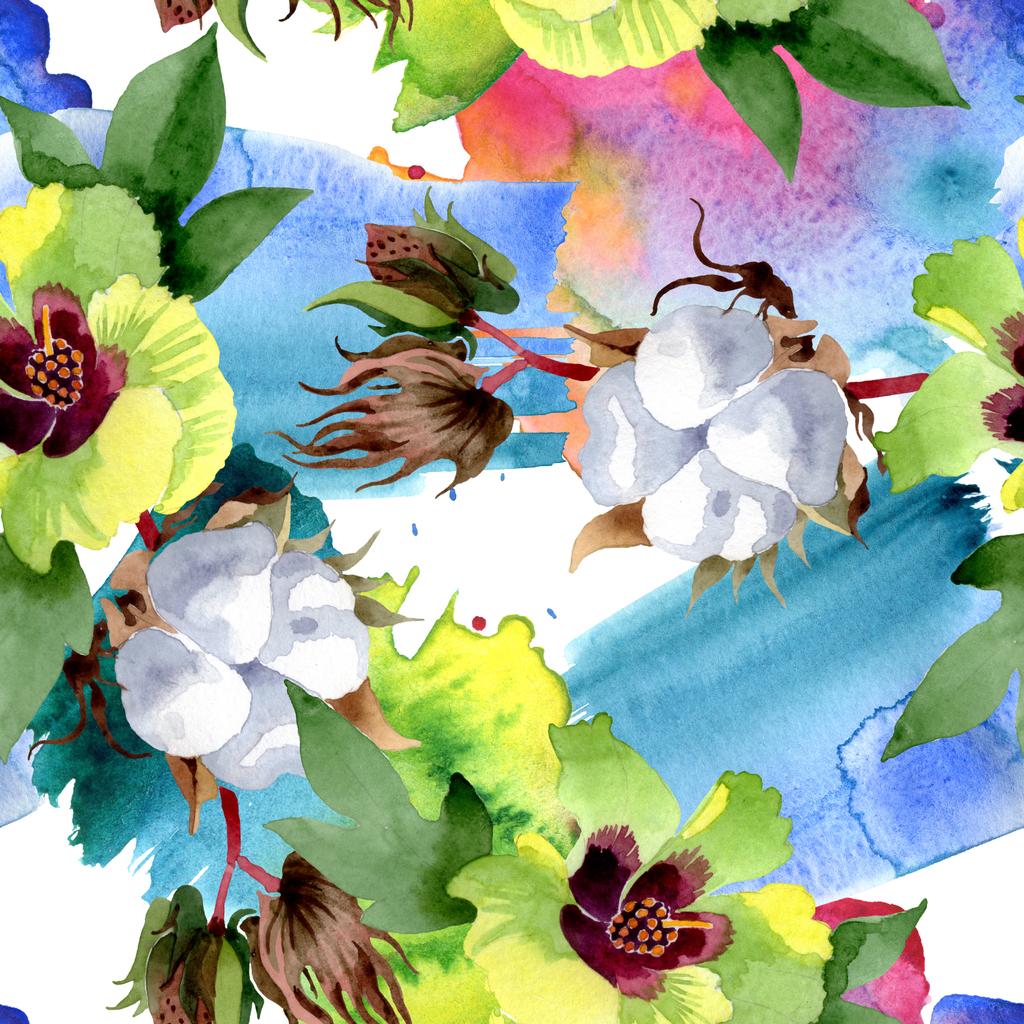 綿花植物の花 野生の春の葉の野生の花 水彩イラストセット 水彩画ファッションアクアレル シームレスな背景パターン ファブリック壁紙プリントテクスチャ ロイヤリティフリー写真 画像素材