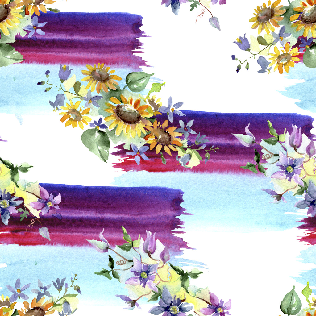 ヒマワリの植物の花と花束 野生の春の葉の野生の花 水彩イラストセット 水彩画ファッションアクアレル シームレスな背景パターン ファブリック壁紙プリントテクスチャ ロイヤリティフリー写真 画像素材