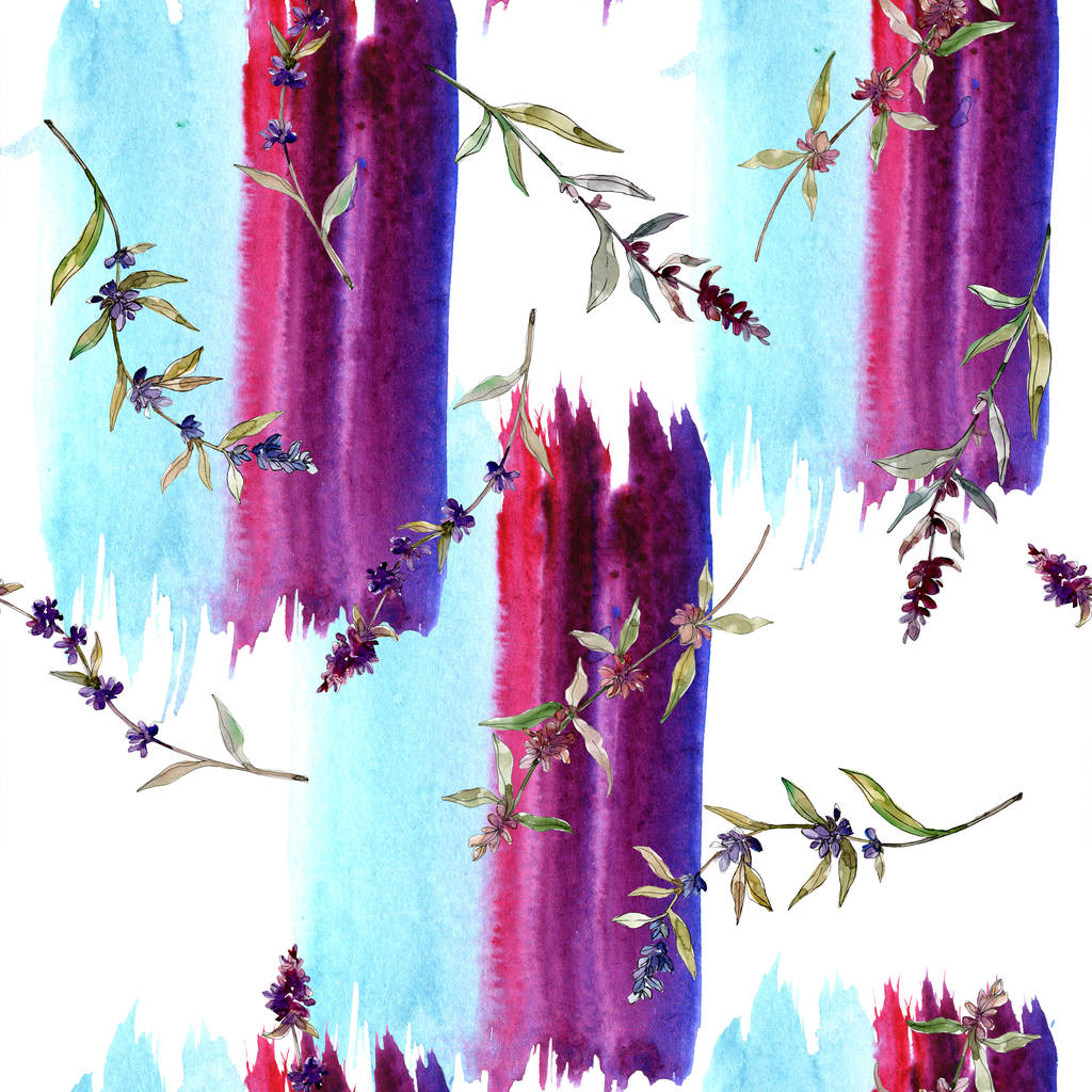 紫色のラベンダーの花の植物の花 野生の春の葉の野生の花 水彩イラストセット 水彩画ファッションアクアレル シームレスな背景パターン ファブリック壁紙プリントテクスチャ ロイヤリティフリー写真 画像素材