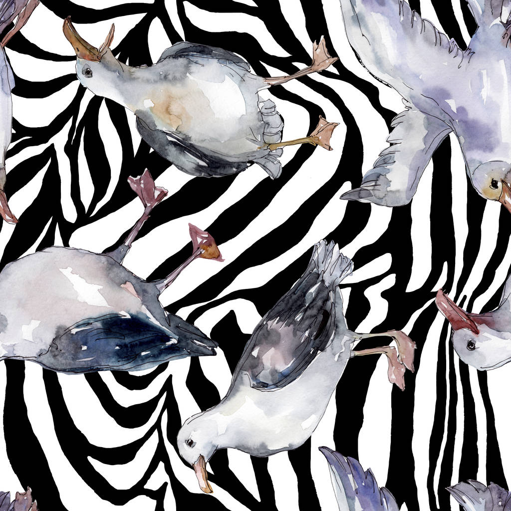 野生動物のスカイ鳥カモメ 野生の自由 飛ぶ翼を持つ鳥 水彩イラストセット 水彩画ファッションアクアレル シームレスな背景パターン ファブリック壁紙プリントテクスチャ ロイヤリティフリー写真 画像素材