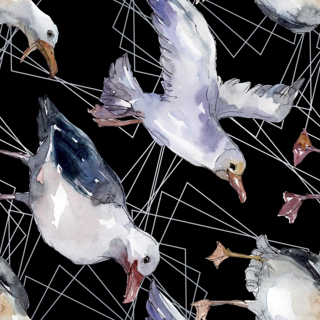 野生動物のスカイ鳥カモメ 野生の自由 飛ぶ翼を持つ鳥 水彩イラストセット 水彩画ファッションアクアレル シームレスな背景パターン ファブリック壁紙プリントテクスチャ ロイヤリティフリー写真 画像素材