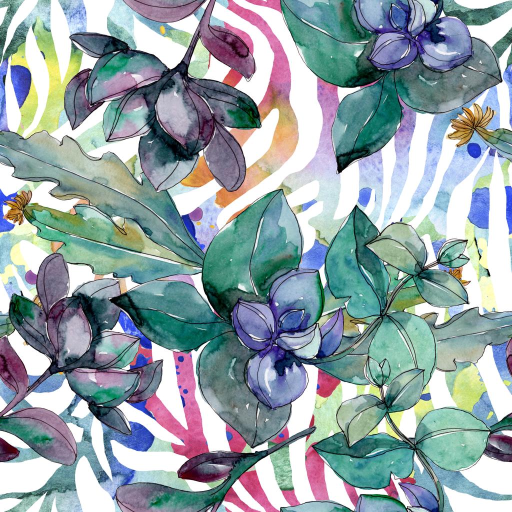 多肉植物の植物の花 野生の春の葉の野生の花 水彩イラストセット 水彩画ファッションアクアレル シームレスな背景パターン ファブリック壁紙プリントテクスチャ ロイヤリティフリー写真 画像素材