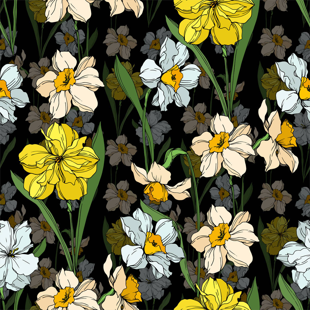 Vector Narcissus floral botanical flowers. Wild spring leaf wildflower isolated. Black and white engraved ink art. Seamless background pattern. Fabric wallpaper print texture.