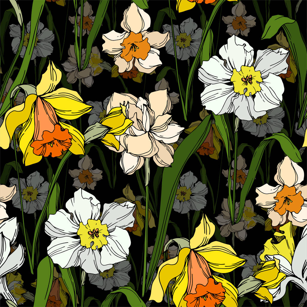 Vector Narcissus floral botanical flower. Wild spring leaf wildflower isolated. Black and white engraved ink art. Seamless background pattern. Fabric wallpaper print texture.