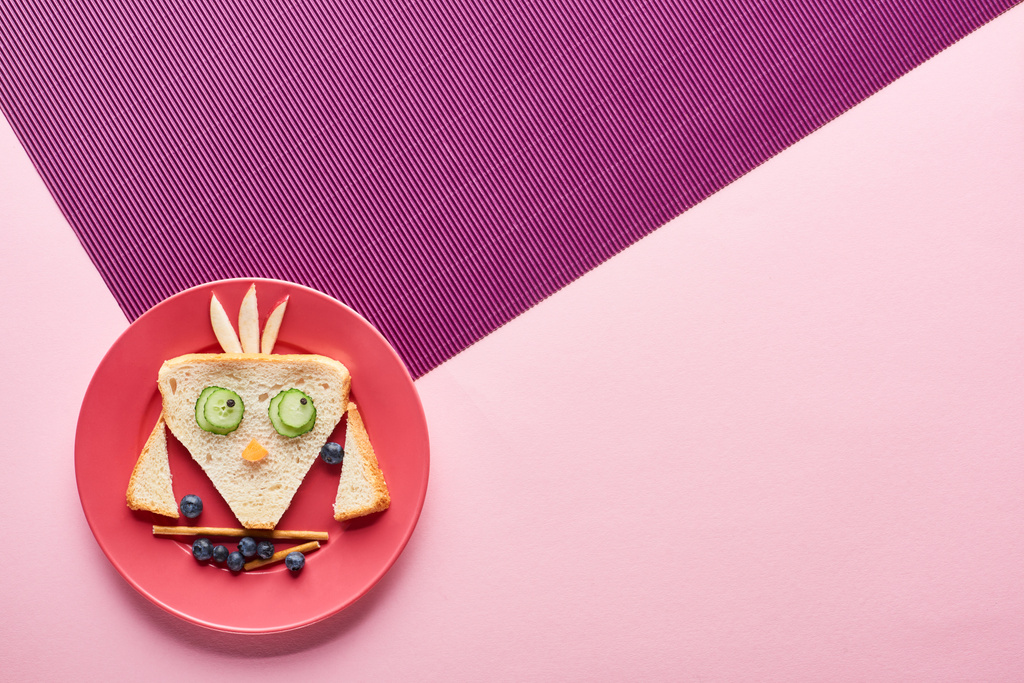 ピンクと紫の背景に食べ物で作られた派手な鳥とプレートのトップビュー ロイヤリティフリー写真 画像素材