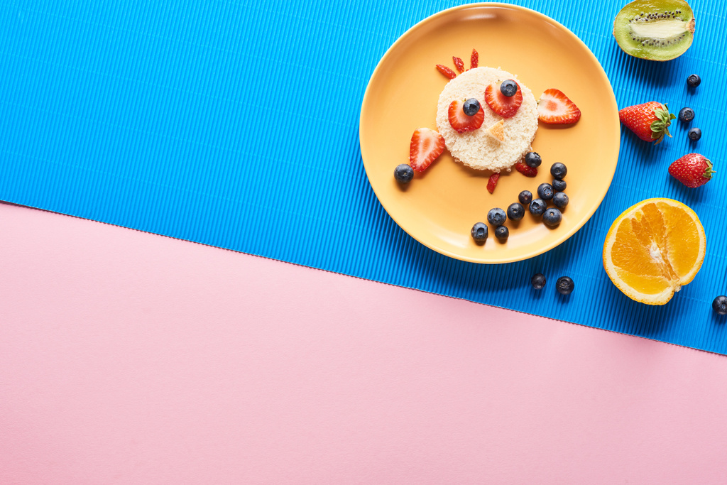 青とピンクの背景に食べ物で作られた派手な動物とプレートのトップビュー ロイヤリティフリー写真 画像素材