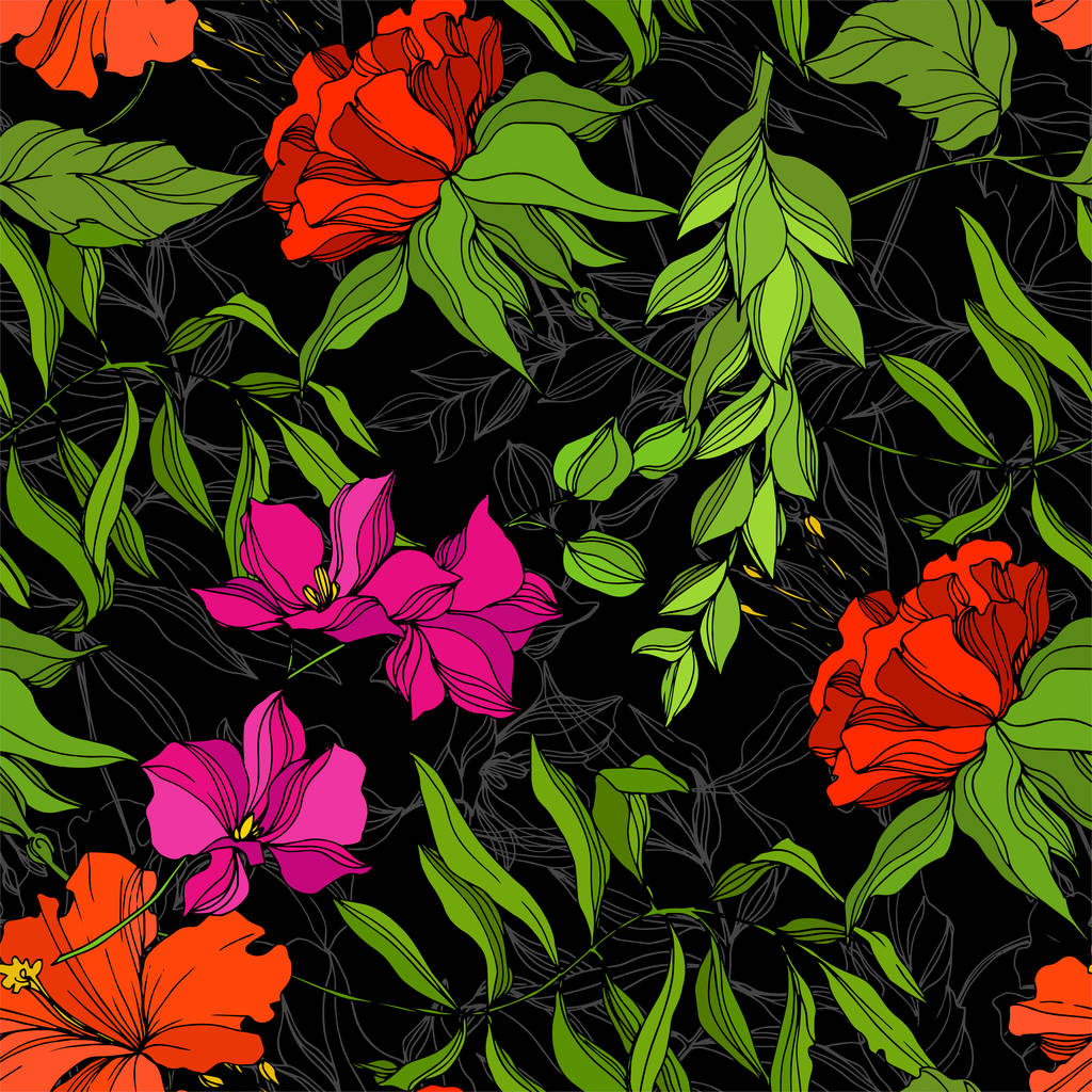 ベクトル熱帯植物花 エキゾチックな熱帯のハワイの夏 彫刻された水墨画 シームレスな背景パターン ファブリック壁紙 Print ロイヤリティフリーのベクターグラフィック画像