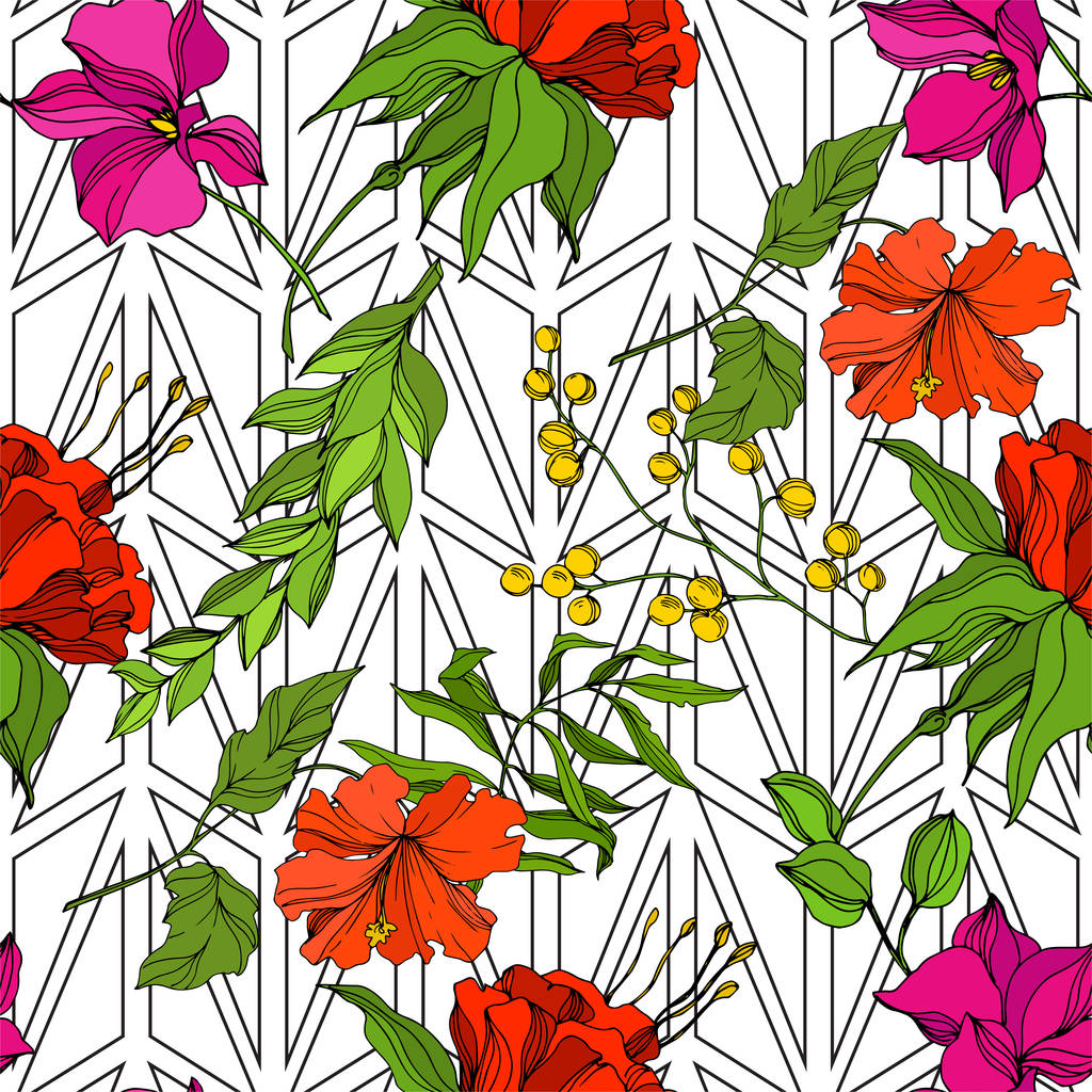 ベクトル熱帯植物花 エキゾチックな熱帯のハワイの夏 彫刻された水墨画 シームレスな背景パターン ファブリック壁紙 Print ロイヤリティフリー のベクターグラフィック画像