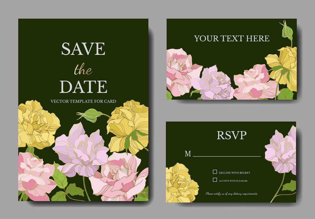 ベクトルバラの花植物の花 彫刻された水墨画 結婚式の背景カードの花の装飾国境 ありがとう Rsvp 招待エレガントなカードイラストグラフィックセットバナー ロイヤリティフリーのベクターグラフィック画像
