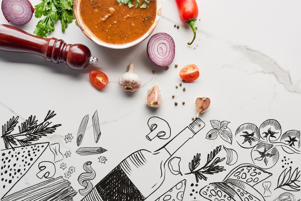 大理石の食感にコリアンダーと野菜のスープカルチョのトップビュー フードイラスト ロイヤリティフリー写真 画像素材