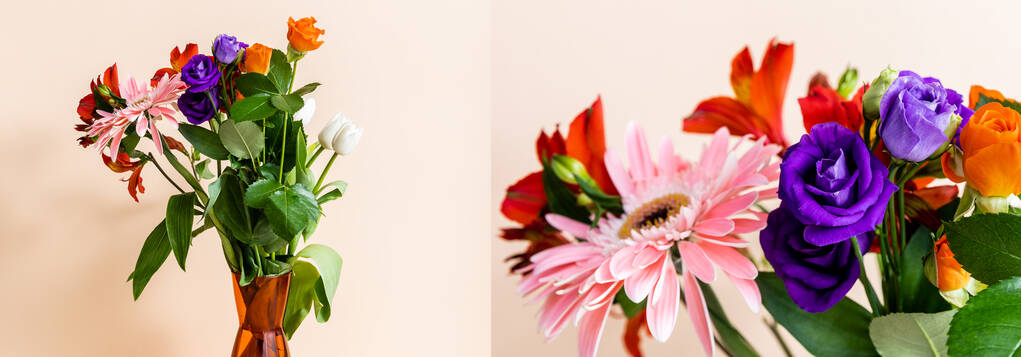 ベージュ地にオレンジの花瓶の花束と花の組成のコラージュ パノラマの作物 ロイヤリティフリー写真 画像素材