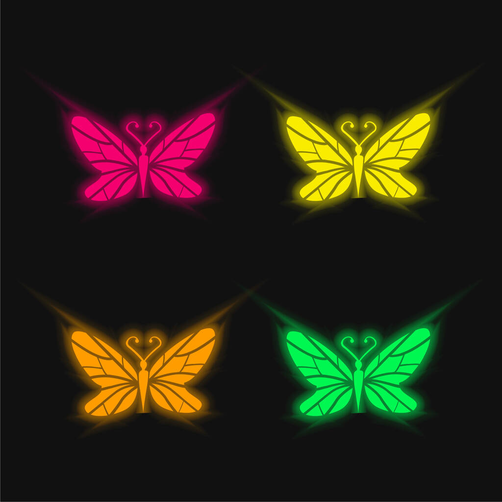 Black Butterfly Top View With Lines Wings Design four color glowing neon vector icon