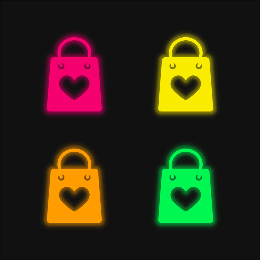 Bag With A Heart four color glowing neon vector icon